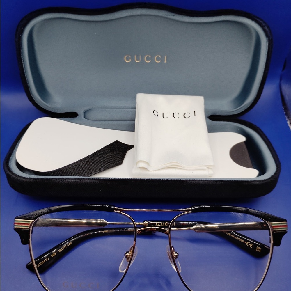 Gucci Gold and Black Aviator Eyeglasses with Signature Stripes(GG02410)